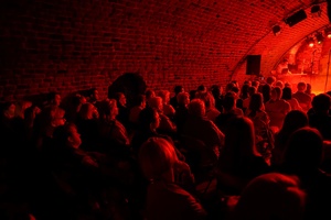 Koncert: Pracownia piosenki prezentuje - Niepozorny zaścianek - Zdjęcie pokazuje widownię w Piwnicach TCK podczas koncertu. Widzowie, siedzący na krzesłach obserwują występ. Na zdjęciu widać różnorodność publiczności, od młodych po starszych słuchaczy. Sala jest delikatnie oświetlona.