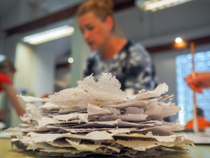 Wakacje z otwARTą: Warsztaty robienia zielników - Uczestnicy podczas warsztatów - praca w pracowni.