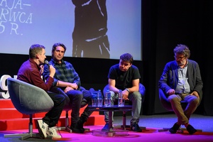 39. TNF: Dzień 6 (4.06.2025) - Na scenie Marzenia od lewej: Kuba Armata, scenarzysta Grzegorz Łoszewski, aktor Marcin Dorociński podczas spotkania z publicznością po projekcji filmu "Minghun"