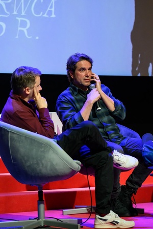 39. TNF: Dzień 6 (4.06.2025) - Na scenie Marzenia od lewej: Kuba Armata, aktor Marcin Dorociński podczas spotkania z publicznością po projekcji filmu "Minghun"